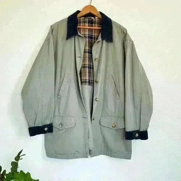 VTG Cherokee Flannel Lined Barn Chore Coat Woman Canvas Blue Corduroy Sz Medium - Picture 1 of 12